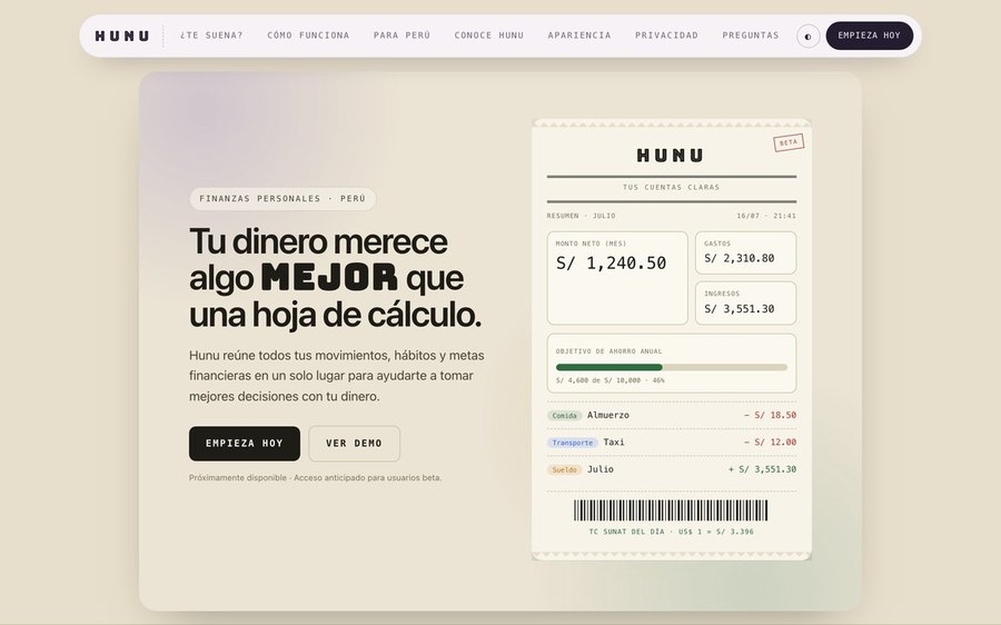 HUNU Landing — Hero · the receipt prints