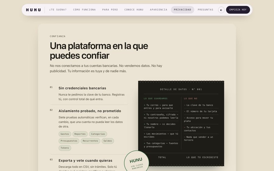 HUNU Landing — Privacy as a receipt
